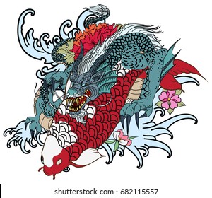 hand drawn Dragon and koi fish with flower tattoo for Arm, Japanese carp line drawing coloring book vector image.Dragon and koi fish fighting and water splash Japanese style.