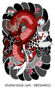 hand drawn Dragon and koi fish with flower tattoo for Arm, Japanese carp line drawing coloring book vector image.Dragon and koi fish fighting and water splash Japanese style.