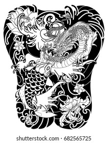 peces Dragon y koi dibujados a mano con tatuaje de flores para el brazo, dibujo de carpa japonesa colorear libro vectorial imagen vectorial.Peleas de peces Dragon y koi y salpicaduras de agua.arte de doodle y estilo zentángulo
