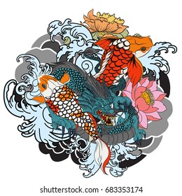 hand drawn Dragon and koi fish with flower tattoo for Arm,Japanese carp line drawing coloring book vector image.Dragon and koi fish fighting and water splash.doodle art and zentangle style