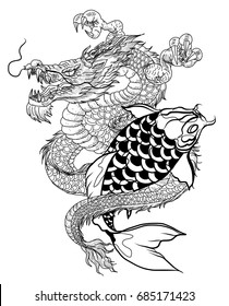 hand drawn Dragon and koi fish with flower tattoo for Arm,Japanese carp line drawing coloring book vector image.Dragon and koi fish fighting and water splash.doodle art and zentangle style