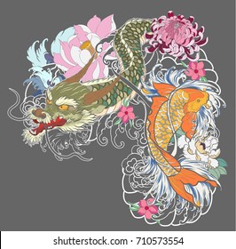 Hand drawn Dragon and koi fish with flower tattoo for Arm,Japanese carp line drawing coloring book vector.Dragon and koi fish fighting and water splash.Scarf design dragon with koi fish and flower.