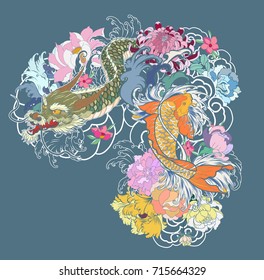 Hand drawn Dragon and koi fish with flower tattoo for Arm,Japanese carp line drawing coloring book vector.Dragon and koi fish fighting and water splash.Scarf design dragon with koi fish and flower.