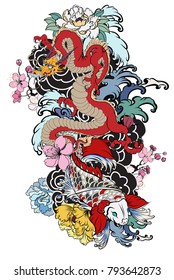 hand drawn Dragon and koi fish with flower tattoo for Arm,Japanese carp line drawing coloring book vector image.Dragon and koi fish fighting and water splash.doodle art and zentangle style