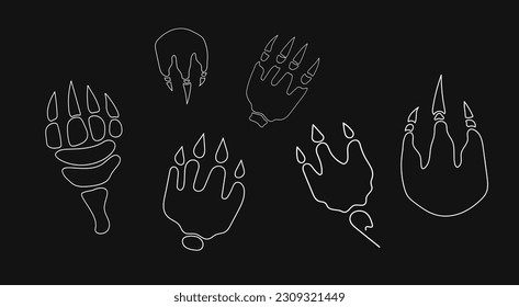 Hand drawn dragon paw tattoo set. Dinosaur footprint silhouette vector illustration
