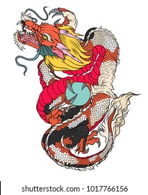 hand drawn Dragon tattoo ,coloring book japanese style.Japanese old dragon for tattoo. Traditional Asian tattoo the old dragon vector.Chinese dragon and sketch for tattoo