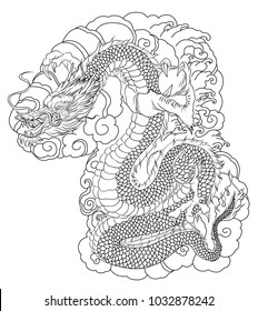 hand drawn Dragon tattoo ,coloring book Japanese style.Japanese old dragon for tattoo. Traditional Asian tattoo the old dragon vector.