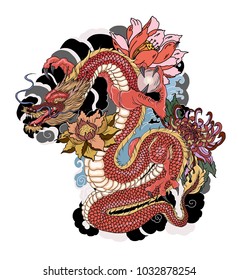 hand drawn Dragon tattoo ,coloring book Japanese style.Japanese old dragon for tattoo. Traditional Asian tattoo the old dragon vector.