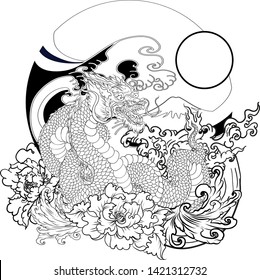 hand drawn Dragon tattoo ,coloring book japanese style.Japanese old dragon for tattoo. Traditional Asian tattoo the old dragon vector.