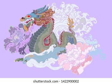 hand drawn Dragon tattoo ,coloring book japanese style.Japanese old dragon for tattoo. Traditional Asian tattoo the old dragon vector.