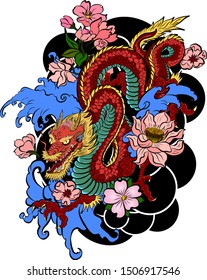 hand drawn Dragon tattoo ,coloring book japanese style.Japanese old dragon for tattoo.Symbol of chinese dragon illustration on background for T-shirt. Traditional Asian tattoo the old dragon vector.
