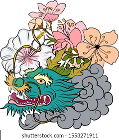hand drawn Dragon tattoo ,coloring book japanese style.Japanese old dragon for tattoo.Symbol of chinese dragon illustration on background for T-shirt. Traditional Asian tattoo the old dragon vector.
