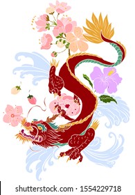 hand drawn Dragon tattoo ,coloring book japanese style.Japanese old dragon for tattoo.Symbol of chinese dragon illustration on background for T-shirt. Traditional Asian tattoo the old dragon vector.
