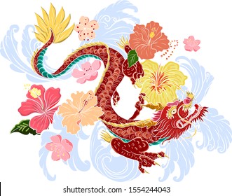 hand drawn Dragon tattoo ,coloring book japanese style.Japanese old dragon for tattoo.Symbol of chinese dragon illustration on background for T-shirt. Traditional Asian tattoo the old dragon vector.
