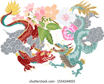 hand drawn Dragon tattoo ,coloring book japanese style.Japanese old dragon for tattoo.Symbol of chinese dragon illustration on background for T-shirt. Traditional Asian tattoo the old dragon vector.
