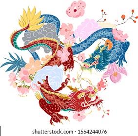 hand drawn Dragon tattoo ,coloring book japanese style.Japanese old dragon for tattoo.Symbol of chinese dragon illustration on background for T-shirt. Traditional Asian tattoo the old dragon vector.
