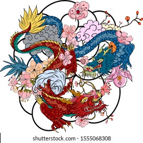 hand drawn Dragon tattoo ,coloring book japanese style.Japanese old dragon for tattoo.Symbol of chinese dragon illustration on background for T-shirt. Traditional Asian tattoo the old dragon vector.
