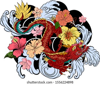 hand drawn Dragon tattoo ,coloring book japanese style.Japanese old dragon for tattoo.Symbol of chinese dragon illustration on background for T-shirt. Traditional Asian tattoo the old dragon vector.
