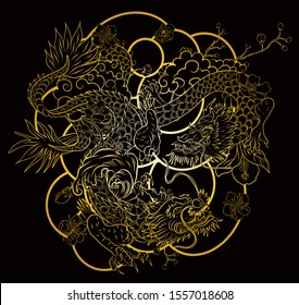 hand drawn Dragon tattoo ,coloring book japanese style.Japanese old dragon for tattoo.Symbol of chinese dragon illustration on background for T-shirt. Traditional Asian tattoo the old dragon vector.
