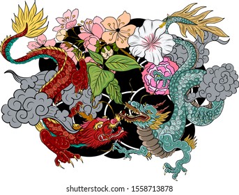 hand drawn Dragon tattoo ,coloring book japanese style.Japanese old dragon for tattoo.Symbol of chinese dragon illustration on background for T-shirt. Traditional Asian tattoo the old dragon vector.
