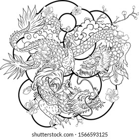 hand drawn Dragon tattoo ,coloring book japanese style.Japanese old dragon for tattoo.Symbol of chinese dragon illustration on background for T-shirt. Traditional Asian tattoo the old dragon vector.
