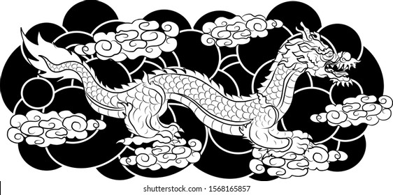 hand drawn Dragon tattoo ,coloring book japanese style.Japanese old dragon with Sunrise.Symbol of chinese dragon illustration on background for T-shirt. Traditional Asian tattoo the old dragon vector.