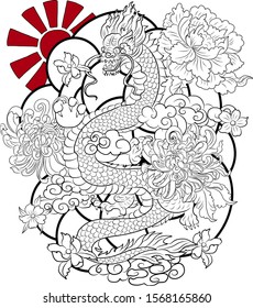 hand drawn Dragon tattoo ,coloring book japanese style.Japanese old dragon with Sunrise.Symbol of chinese dragon illustration on background for T-shirt. Traditional Asian tattoo the old dragon vector.