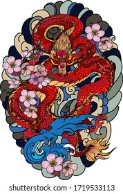 hand drawn Dragon tattoo ,coloring book japanese style.Japanese old dragon for tattoo. Traditional Asian tattoo the old dragon vector.