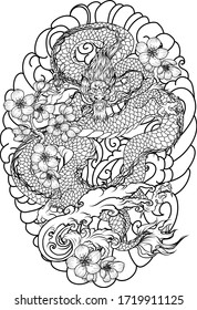 hand drawn Dragon tattoo ,coloring book japanese style.Japanese old dragon for tattoo. Traditional Asian tattoo the old dragon vector.