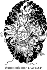 hand drawn Dragon tattoo ,coloring book japanese style.Japanese old dragon for tattoo. Traditional Asian tattoo the old dragon vector.