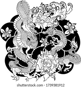 hand drawn Dragon tattoo ,coloring book japanese style.Japanese old dragon for tattoo.Symbol of chinese dragon illustration on background for T-shirt. Traditional Asian tattoo the old dragon vector.