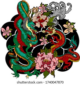 hand drawn Dragon tattoo ,coloring book japanese style.Japanese old dragon for tattoo.Symbol of chinese dragon illustration on background for T-shirt. Traditional Asian tattoo the old dragon vector.