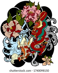 hand drawn Dragon tattoo ,coloring book japanese style.Japanese old dragon for tattoo.Symbol of chinese dragon illustration on background for T-shirt. Traditional Asian tattoo the old dragon vector.