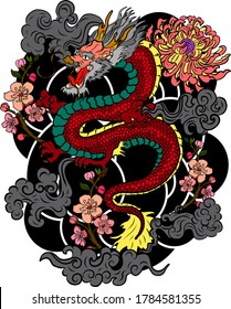 tatuaje Dragón dibujado a mano, libro de colorear al estilo japonés. El viejo dragón japonés para el tatuaje. Símbolo de la ilustración de dragón chino en el fondo para la camiseta. El tatuaje tradicional asiático es el antiguo vector del dragón.