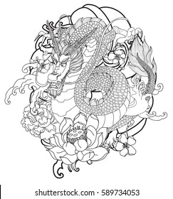 hand drawn Dragon tattoo ,coloring book japanese style