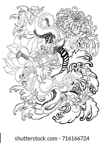 Hand drawn Dragon tattoo coloring book Japanese style.Japanese old dragon for tattoo.Traditional Asian tattoo the old dragon vector.Hand drawn zentangle style Chinese dragon and sketch for tattoo.