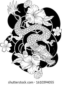 hand drawn Dragon tattoo,coloring book japanese style.Chinese dragon for Chinese new year 2020.Symbol of chinese dragon illustration on background for T-shirt.Traditional Asian tattoo vector.gold line