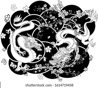 hand drawn Dragon tattoo,coloring book japanese style.Chinese dragon for Chinese new year 2020.Symbol of chinese dragon illustration on background for T-shirt.Traditional Asian tattoo vector.