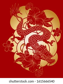 hand drawn Dragon tattoo,coloring book japanese style.Chinese dragon for Chinese new year 2020.Symbol of chinese dragon illustration on background for T-shirt.Traditional Asian tattoo vector.gold line