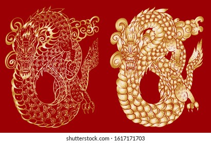 hand drawn Dragon tattoo,coloring book japanese style.Chinese dragon for Chinese new year 2020.Symbol of chinese dragon illustration on background for T-shirt.Traditional Asian tattoo vector.gold line