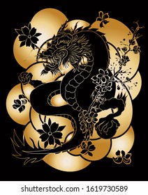 hand drawn Dragon tattoo,coloring book japanese style.Chinese dragon for Chinese new year 2020.Symbol of chinese dragon illustration on background for T-shirt.Traditional Asian tattoo vector.gold line