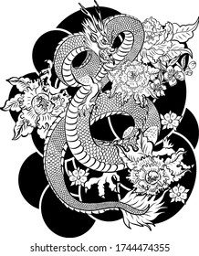 tatuaje Dragón dibujado a mano, libro de colorear al estilo japonés. Dragón japonés antiguo para tatuar. Símbolo de ilustración de dragón chino en el fondo para camiseta. Tatuaje asiático tradicional, vector del dragón antiguo.