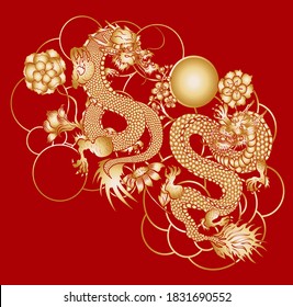 hand drawn Dragon tattoo.Japanese old dragon for tattoo.Symbol of chinese dragon illustration on background for T-shirt.Traditional Asian tattoo the old dragon vector.Golden.