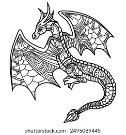 Hand drawn of dragon in zentangle style
