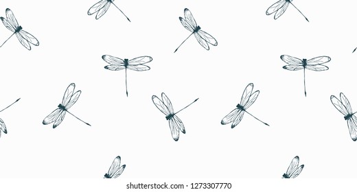Hand drawn dragonflies. Seamless pattern. Vector illustration.
