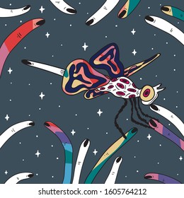 Hand Drawn dragonfly art. Foreign space animal look at in a Flying finger. Illustrations Drawing Vector Sketch for textile, print, postcard, text, invitation, poster, t-shirt
