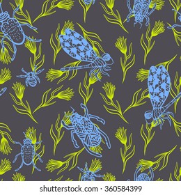 Hand drawn dragonfly and beetles ink doodle seamless pattern. Sketched blue indigo insects with green branches on dark violet background.