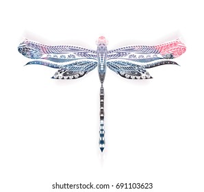 Hand drawn dragonfly  with colorful pattern on the her wings. Back of dragonfly. Flight of butterfly. Vector isolated illustration. Insect on the black background. 