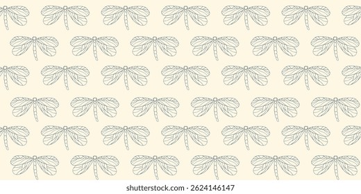 Padrão sem emenda de telha de libélula desenhado à mão. Ornamento de ilustração de vetor de inseto repetido. Design de desenho de linha para têxtil, tecido, fundo, embalagem.