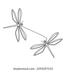 Hand drawn dragonfly vector. One line continuous drawing. Minimal illustration. Insect linear silhouette icon. Wall art print, banner, card, poster, doodle, logo, sign, silhouette, sketch, cartoon